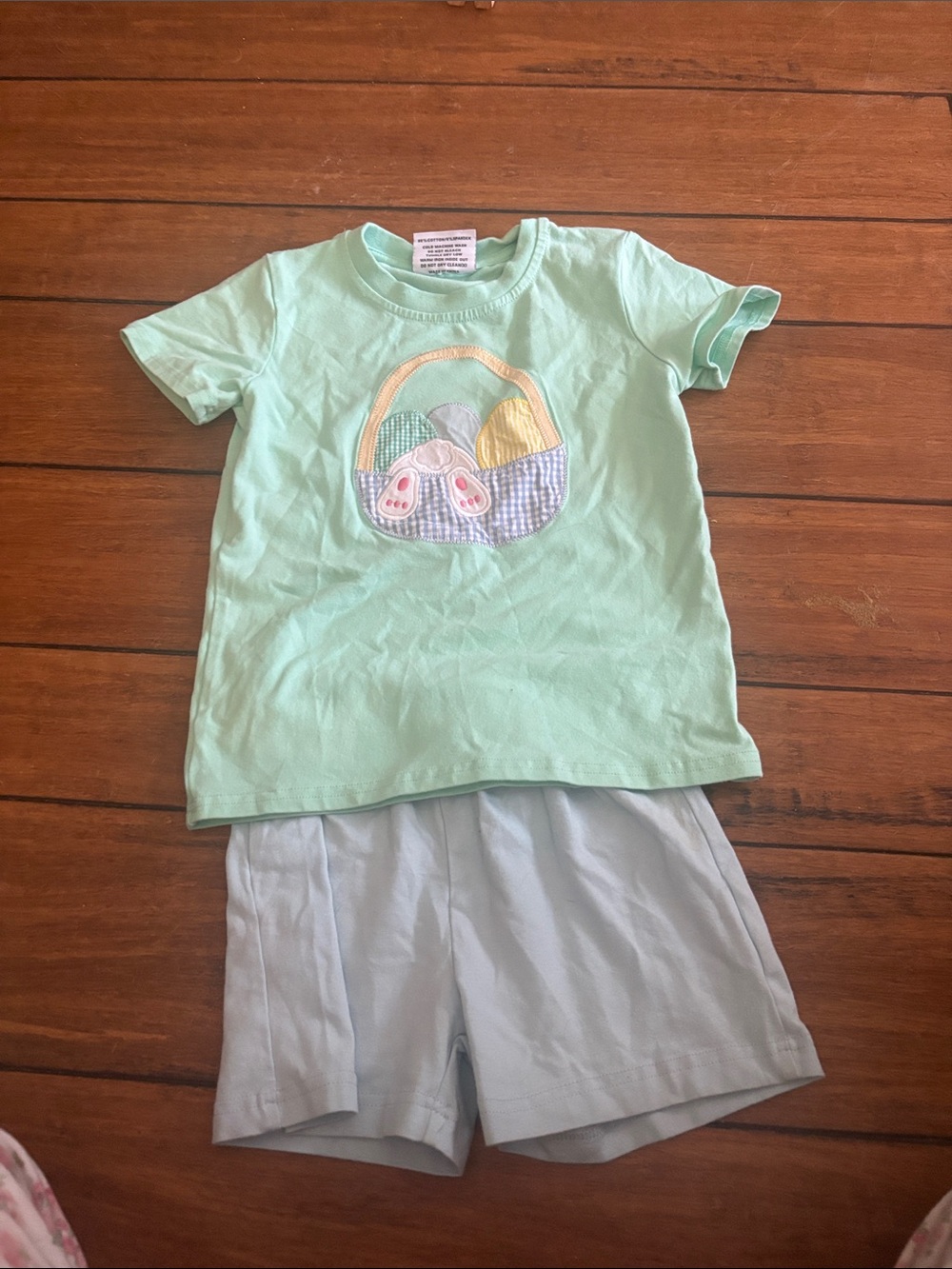 Girls Mint Green Bunny Appliqué Pajama Set with Light Blue Shorts